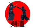 Japanese kendo fighters with bamboo swords on Japan flag Royalty Free Stock Photo