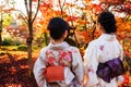 Japanese Kimono girls in Eikando, Kyoto Royalty Free Stock Photo