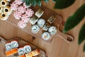 Japanese kitchen rolls on a wooden background, home delivery Royalty Free Stock Photo