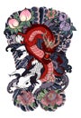 Japanese Koi and Dragon.Hand drawn geisha girl and kitten on wave background.old dragon with plum