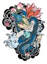 Japanese Koi and Dragon.Hand drawn geisha girl and kitten on wave background.old dragon with plum