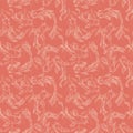 Japanese Koi fish lineart layered on dragonfly silhouettes in a monochrome orange pink color. Seamless vector pattern background