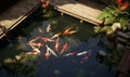 Japanese koi fish pond view from above, ai generative Royalty Free Stock Photo