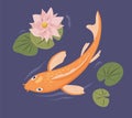 Japanese koi fish swimming in garden pond with flower. Japan traditional zen carp in water with Asian waterlily. Top Royalty Free Stock Photo