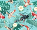 Japanese koi fishes tropical pattern