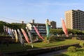 Japanese koinobori flying koi carp fish in Beppu during Golden Week Royalty Free Stock Photo