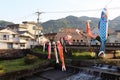 Japanese koinobori flying koi carp fish in Beppu during Golden Week Royalty Free Stock Photo
