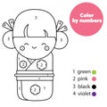 Japanese kokeshi doll. Coloring page for kids. Educational children game. Color by numbers activity Royalty Free Stock Photo