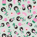 Japanese kokeshi dolls and folding fans. Seamless pattern background design print. Vector illustration Royalty Free Stock Photo