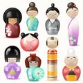 Japanese Kokeshi Dolls vector beautiful girl woman character geisha in female traditional girlie kimono in Japan Royalty Free Stock Photo