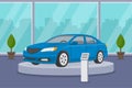 Sedan car showroom. Interior view. Flat vector illustration.