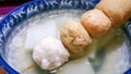 Japanese or Korean Oden surimi fish cake and fish ball in a bamboo skewer