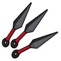 Japanese kunai daggers with red handles.Ninja melee weapon.