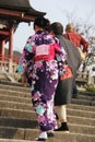 Japanese lady in kimono climbing stairs to Kiyomizu-dera Temple, Kyoto