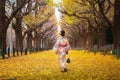 Japanese lady walk in yollow Ginko avenue