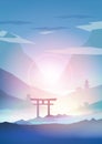 Japanese Landscape Background with Mountains and Arch Sunset wit