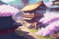 Japanese landscape with Japanese house and sakura cherry tree in blossom, ai illustration Royalty Free Stock Photo
