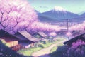 Japanese landscape with Japanese house and sakura cherry tree in blossom, ai illustration Royalty Free Stock Photo