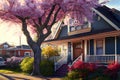 Japanese landscape with Japanese house and sakura cherry tree in blossom, ai illustration Royalty Free Stock Photo