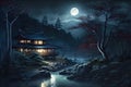 Japanese landscape at night, view of temple and forest in mountains, generative AI Royalty Free Stock Photo