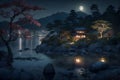 Japanese landscape at night, view of temple and forest in mountains, generative AI Royalty Free Stock Photo