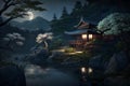Japanese landscape at night, view of temple and forest in mountains, generative AI Royalty Free Stock Photo