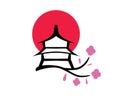 Japanese Landscape with Pagoda, Sakura Flowers and a Red Circle as a Symbolization of Japan