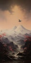 Japanese Landscape Painting With Birds And Mountains