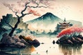 Japanese Landscape Painting, Japan Garden Watercolor Draw, Drawing Imitation, Abstract Generative AI Illustration