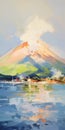 Japanese Landscape Painting Of Mt. Fuji On Sea In Morning Light Royalty Free Stock Photo