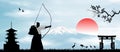Japanese archer on the background of Mount Fuji