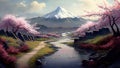 Japanese landscape in spring, blooming sakura and mount Fuji, illustration, generative AI