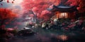 A Japanese landscape with a temple surrounded by red foliage, and a bridge over a river on a foggy morning Royalty Free Stock Photo