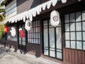 Japanese lantern hung in front of Japanese Restaurant, Japanese text on lantern is \