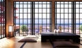 Japanese living room interior in living room minimal design, bonsai, low table on floor tatami mat, view fuji mountain. 3D