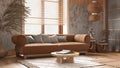 Japanese living room with wallpaper and wooden walls in orange and beige tones. Parquet floor, fabric sofa, carpets and decors. Royalty Free Stock Photo