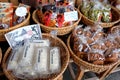 Japanese local snacks (Senbei) and sweets are sold in Shirakawa-go, Gifu, Japan