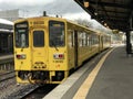 Japanese local train in yellow waits at the platform