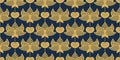 Japanese lotus seamless pattern. Golden asian lotus flower on dark blue background. Gold chinese lotus floral repeated Royalty Free Stock Photo