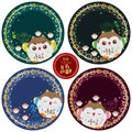 Japanese lucky owl sticker set Royalty Free Stock Photo