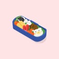 Japanese lunch box, bento. Funny cartoon food. Isometric colorful vector illustration on pink background. Royalty Free Stock Photo