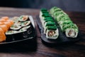 Japanese maki sushi rolls with assorted fillings Royalty Free Stock Photo