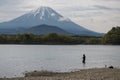 Japanese man fishing on Shoji lake with mount Fuji view Royalty Free Stock Photo