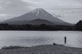 Japanese man fishing on Shoji lake with mt. Fuji view, Yamanashi Royalty Free Stock Photo