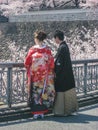 Japanese man and woman in traditional wedding kimono. Kanazawa, Japan