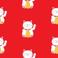 Japanese Maneki Neco kitten waving hand paw. Lucky cat holding golden coin. Seamless Pattern Cute character. Wrapping paper Royalty Free Stock Photo