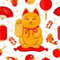 Japanese maneki neko banner. Good luck japan traditional cat, cute kawaii lucky maneki neko cartoon vector illustration Royalty Free Stock Photo