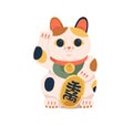 Japanese maneki-neko cat. Asian figurine with coin for luck in business, money and fortune. Chinese kitty toy with