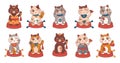 Japanese maneki neko cat set. Fortune happy kitty with money, waving coban coin, oriental lucky animal. Traditional