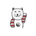 Japanese maneki neko cat. Vector good luck sign. Doodle illustration.